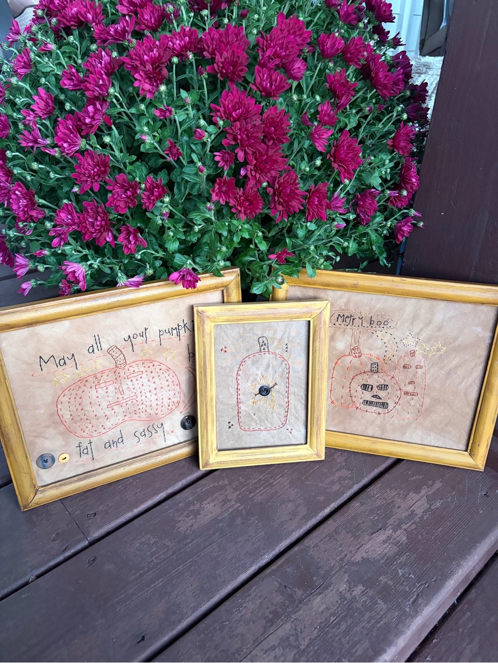 Humorous Pumpkin Cross Stitch Framed Art Set 3 Vtg Primitive Rustic Fall Decor